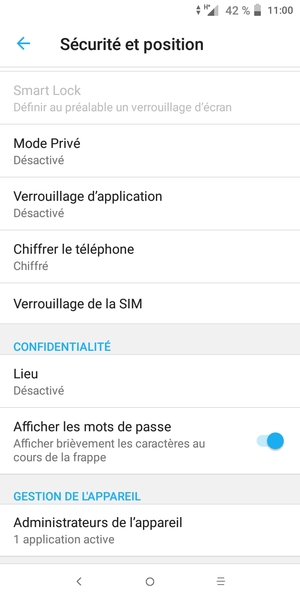 Pour modifier le code PIN de la carte SIM, faites défiler et sélectionnez Verrouillage de la SIM