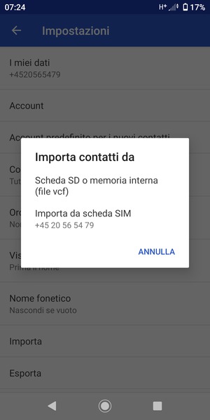 Seleziona Importa da scheda SIM