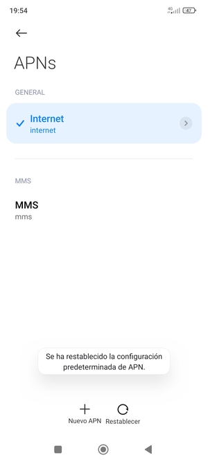 El teléfono se reiniciará con la configuración predeterminada de Internet y MMS