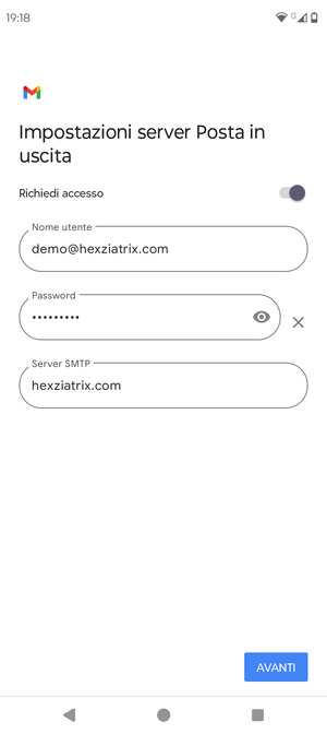 Inserisci l'indirizzo del server di posta in uscita e seleziona AVANTI