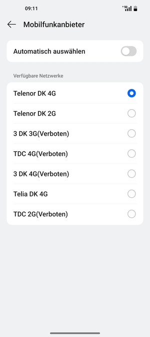 Wählen Sie einen Netzbetreiber von der Liste
