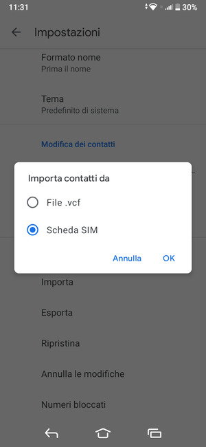 Seleziona Scheda SIM e OK