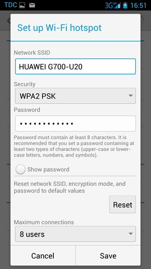Enter a Wi-Fi hotspot password of at least 8 characters and select Save