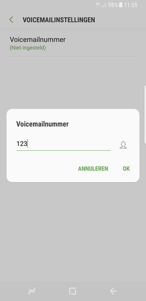 Voer het Voicemailnummer in en selecteer OK
