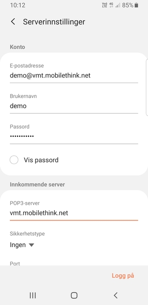 Skriv inn Brukernavn og innkommende serveradresse