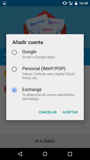 Seleccione Exchange y luego seleccione ACEPTAR