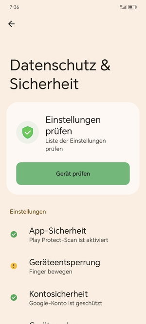 Um Ihre Bildschirmsperre zu aktivieren, gehen Sie zum Sicherheit & Datenschutz Menü und wählen Sie  Geräteentsperrung