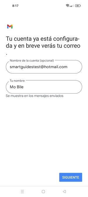 Déle a su cuenta un nombre y escriba su nombre. Seleccione SIGUIENTE