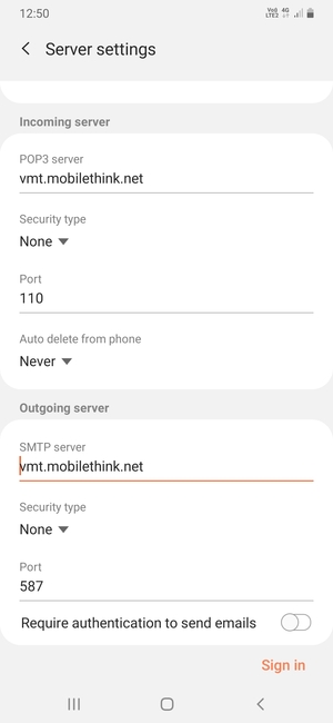 Turn off Require authentication to send emails  and select Sign in