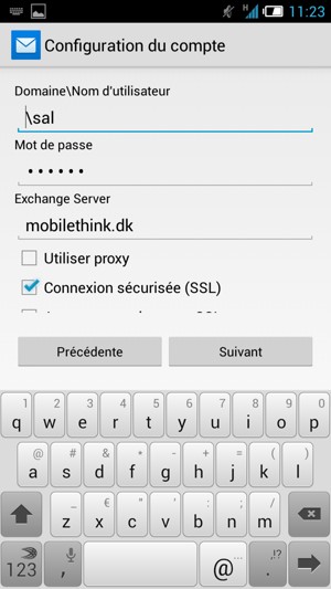 Saisissez votre Nom d'utilisateur et l'adresse du serveur Exchange. Sélectionnez Suivant