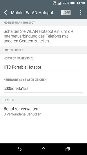 Geben Sie ein Passwort mit mindestens 8 Zeichen ein und schalten Sie Mobiler WLAN-Hotspot ein