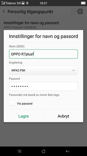 Skriv inn et Wi-Fi hotspot-passord på minst 8 tegn og velg Lagre