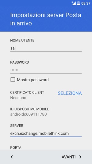 Inserisci Nome utente e l'indirizzo del server Exchange. Seleziona AVANTI
