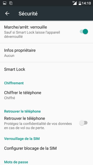 Pour modifier le code PIN de la carte SIM, allez dans le menu Sécurité et sélectionnez Configurer blocage de la SIM