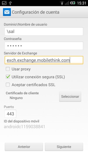 Introduzca Nombre de usuario y la dirección de servidor Exchange. Seleccione Siguiente