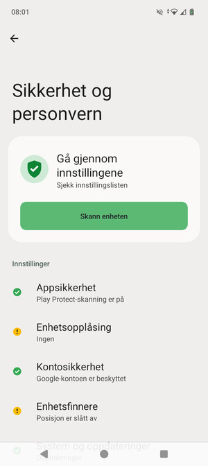 For å aktivere skjermlåsen, gå til Sikkerhet og personvern-menyen og velg Enhetsopplåsning