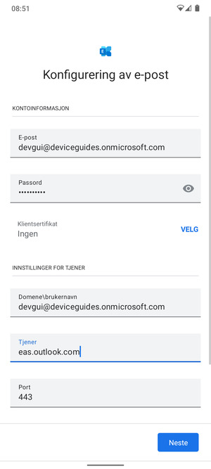 Skriv inn Brukernavn og Exchange serveradresse. Velg Neste