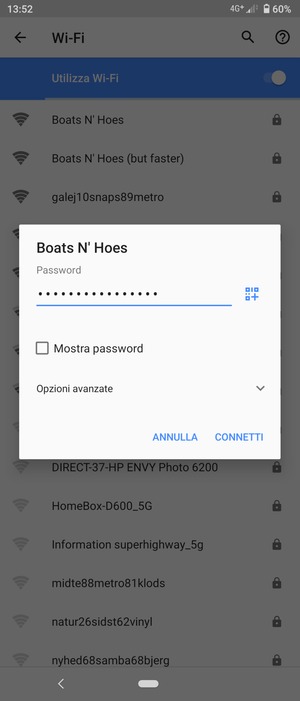 Inserisci la password del Wi-Fi e seleziona CONNETTI