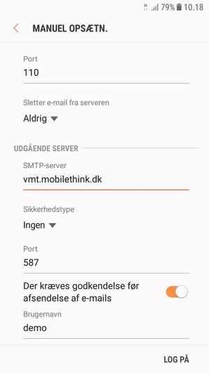 Scroll ned og indtast udgående serveradresse