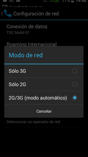 Seleccione Sólo 2G  para habilitar 2G y 2G/3G (modo automático) para habilitar 3G