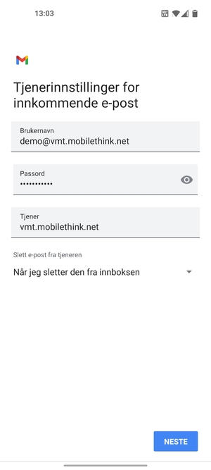 Skriv inn Brukernavn og innkommende serveradresse. Velg NESTE
