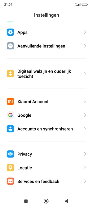 Scroll naar en selecteer Accounts en synchroniseren