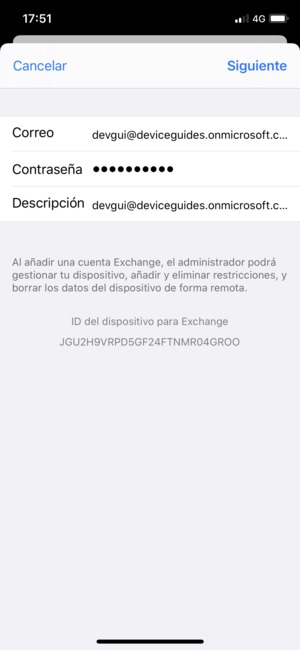 Introduzca su Información de correo electrónico Exchange y seleccione Siguiente