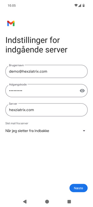 Indtast Brugernavn og indgående serveradresse. Vælg Næste