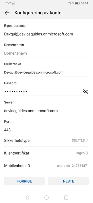 Skriv inn Exchange-serveradresse og velg NESTE