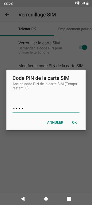 Saisissez votre Ancien code PIN de la carte SIM et sélectionnez OK