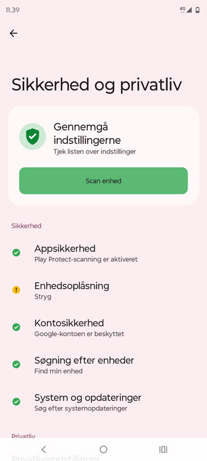 For at aktivere din skærmlås, gå til menuen Sikkerhed og privatliv og vælg Enhedsoplåsning