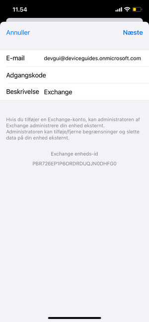 Indtast Exchange e-mail oplysninger og vælg Næste