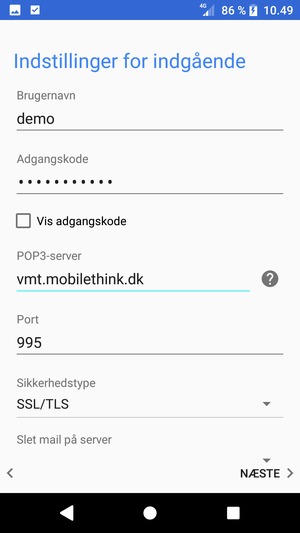 Indtast Brugernavn og Indgående serveradresse