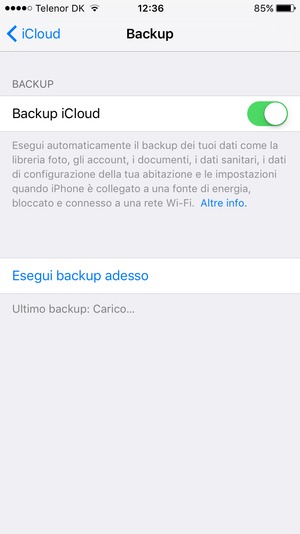 Imposta Backup iCloud su ON
