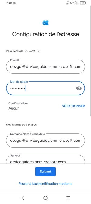 Saisissez votre Nom d'utilisateur et l'adresse du serveur Exchange. Sélectionnez Suivant