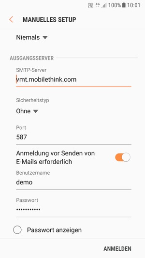Scrollen Sie nach unten und geben Sie die Server-Adresse für ausgehende Post ein