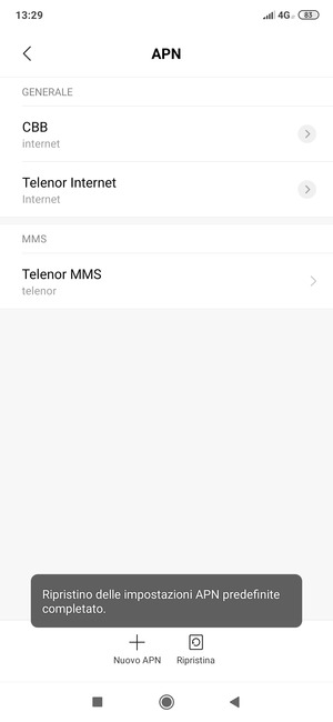 Le impostazioni del tuo telefono saranno ripristinate secondo le impostazioni internet e MMS predefinite