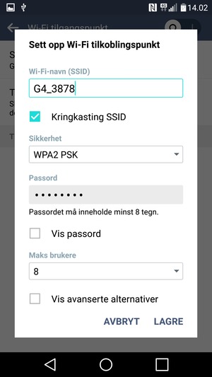 Skriv inn et passord på minst 8 tegn og velg LAGRE