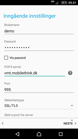 Skriv inn Brukernavn og innkommende serveradresse