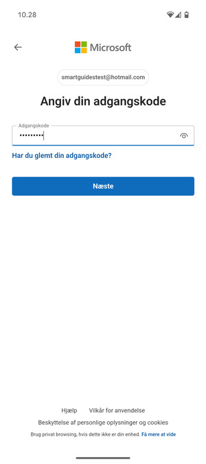 Indtast din adgangskode og vælg Næste