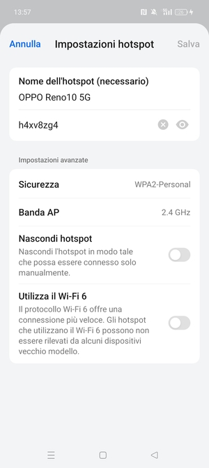 Inserisci una password dell'hotspot Wi-Fi di almeno 8 caratteri e seleziona Salva