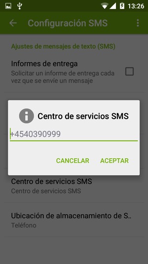 Introduzca el número de Centro de servicios SMS y seleccione ACEPTAR