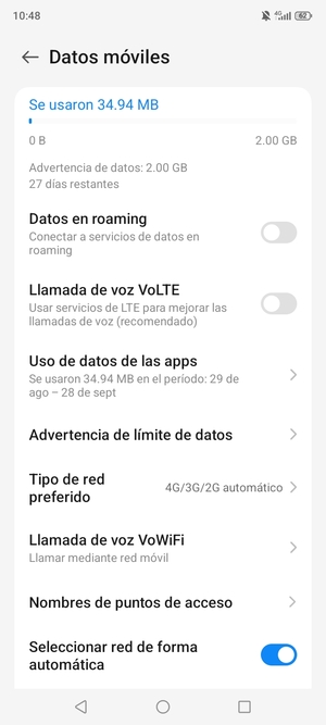 Para cambiar la red en caso de problemas de conectividad, desactive Seleccionar red de forma  automática