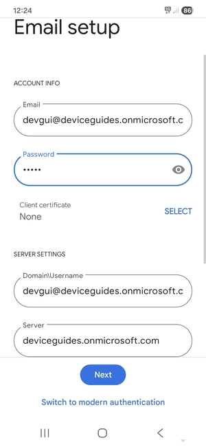 Enter Username and Exchange server address. Select Next