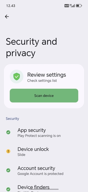 To activate your screen lock, go to the Security and privacy menu and select Device unlock