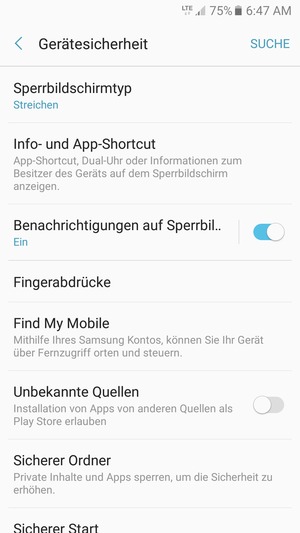 Um Ihre Bildschirmsperre zu aktivieren, gehen Sie zum Gerätesicherheit Menü und wählen Sie  Sperrbildschirmtyp