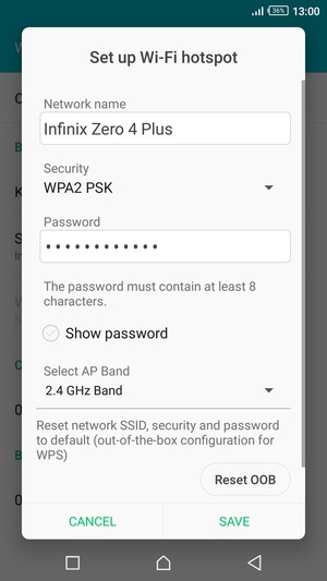 Enter a Wi-Fi hotspot password of at least 8 characters and select SAVE
