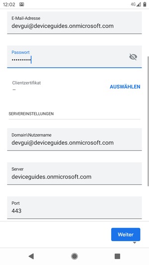 Geben Sie Benutzername und Exchange Server-Adresse ein. Wählen Sie Weiter