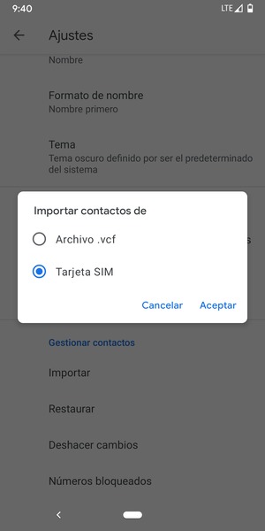 Seleccione Tarjeta SIM y Aceptar