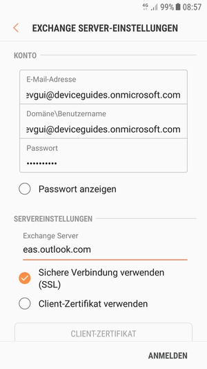 Geben Sie Benutzername und Exchange Server-Adresse ein. Wählen Sie ANMELDEN